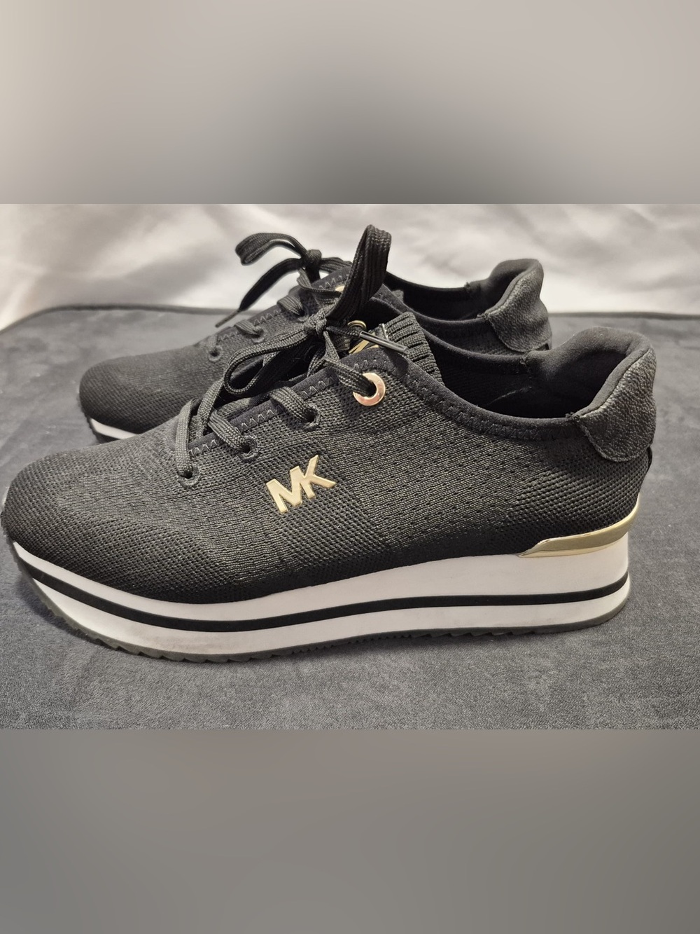 Michael Kors Black Knit Platform Sneakers with Gold MK Accent